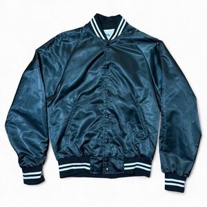 Vintage 90s Leafs Black Varsity Satin Bomber Button Up Coach Scholar Coat Jacket